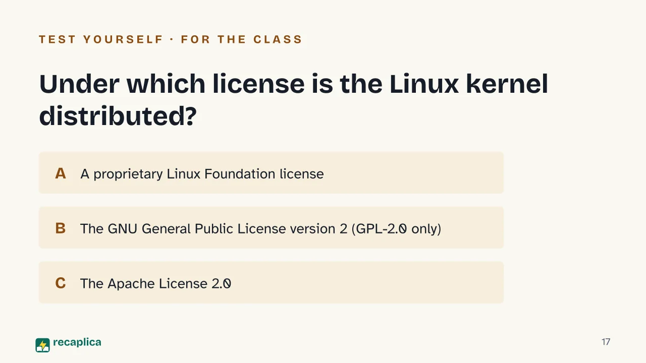 Slide 17 of the presentation on Windows vs macOS vs Linux: Under which license is the Linux kernel distributed?