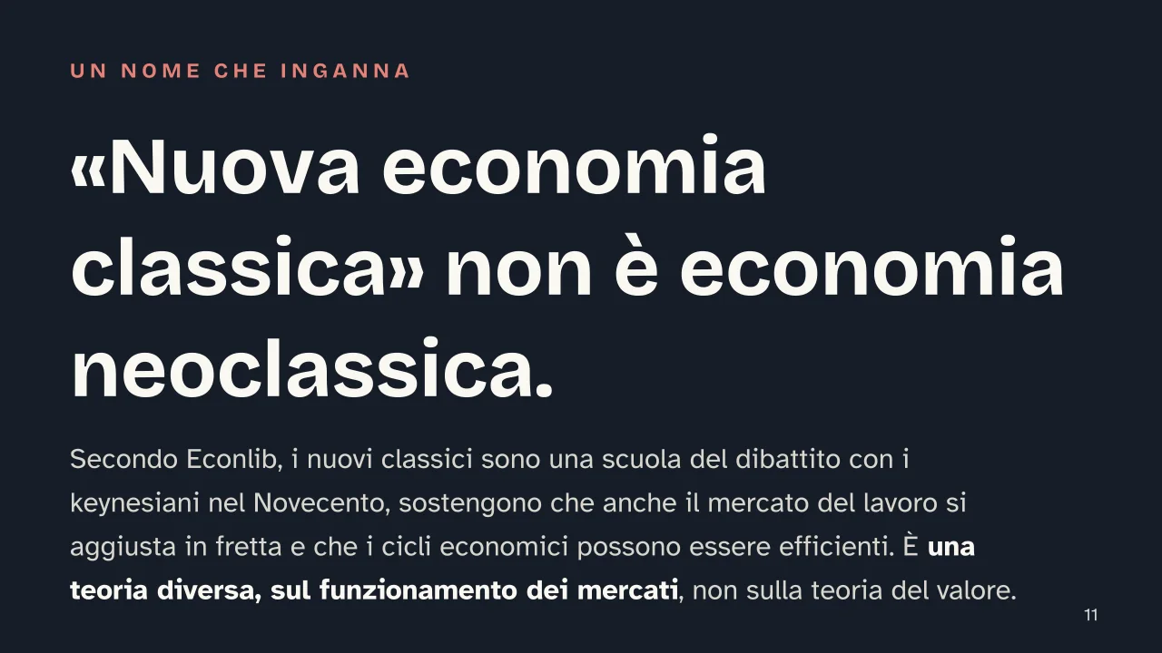 Slide 11 della presentazione su Economia neoclassica: «Nuova economia classica» non è economia neoclassica.