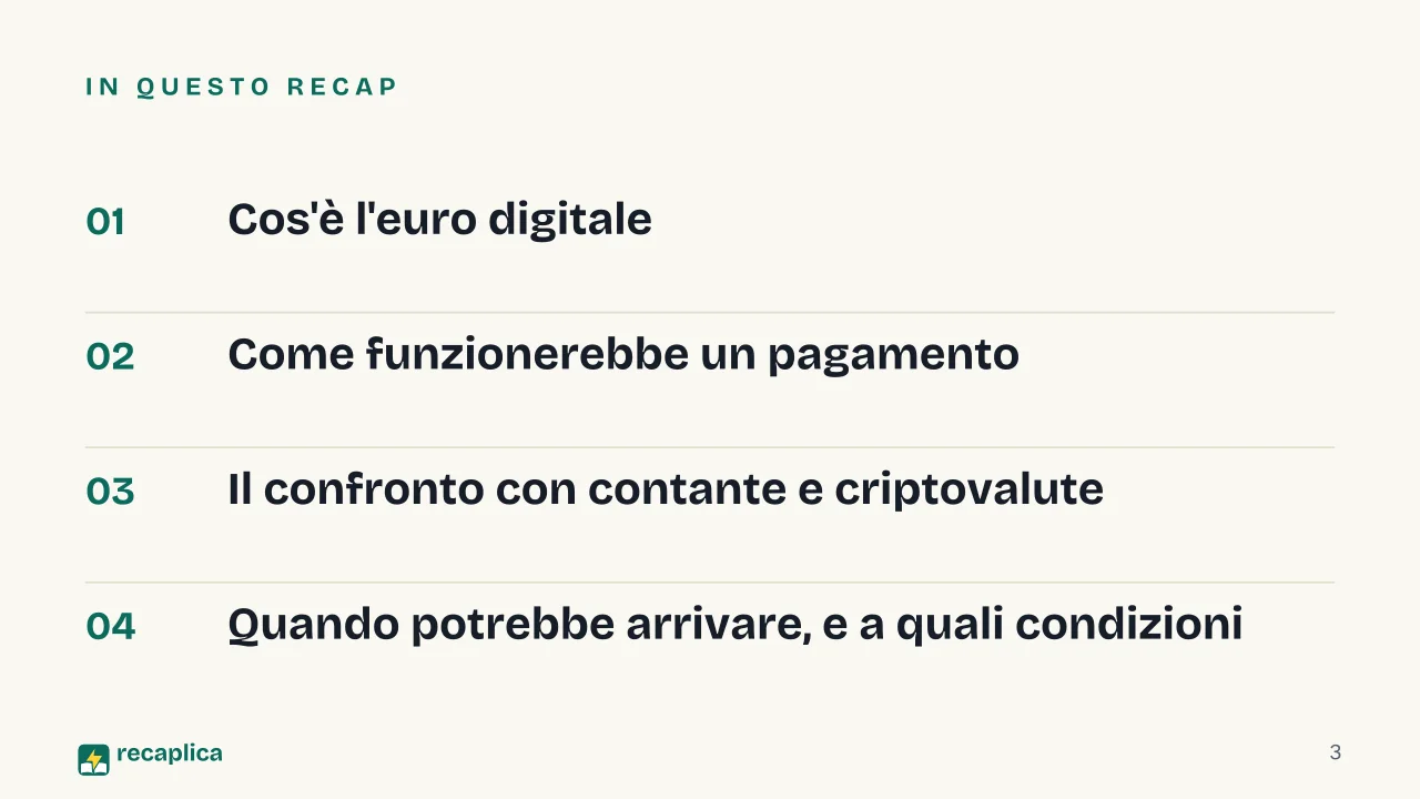 Slide 3 della presentazione su Euro digitale: In questo Recap