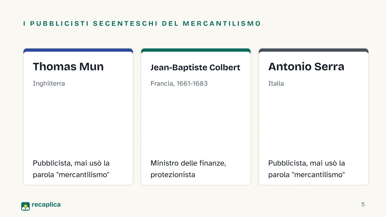 Slide 5 della presentazione su Mercantilismo: I pubblicisti secenteschi del mercantilismo: Thomas Mun, Jean-Baptiste Colbert, Antonio Serra