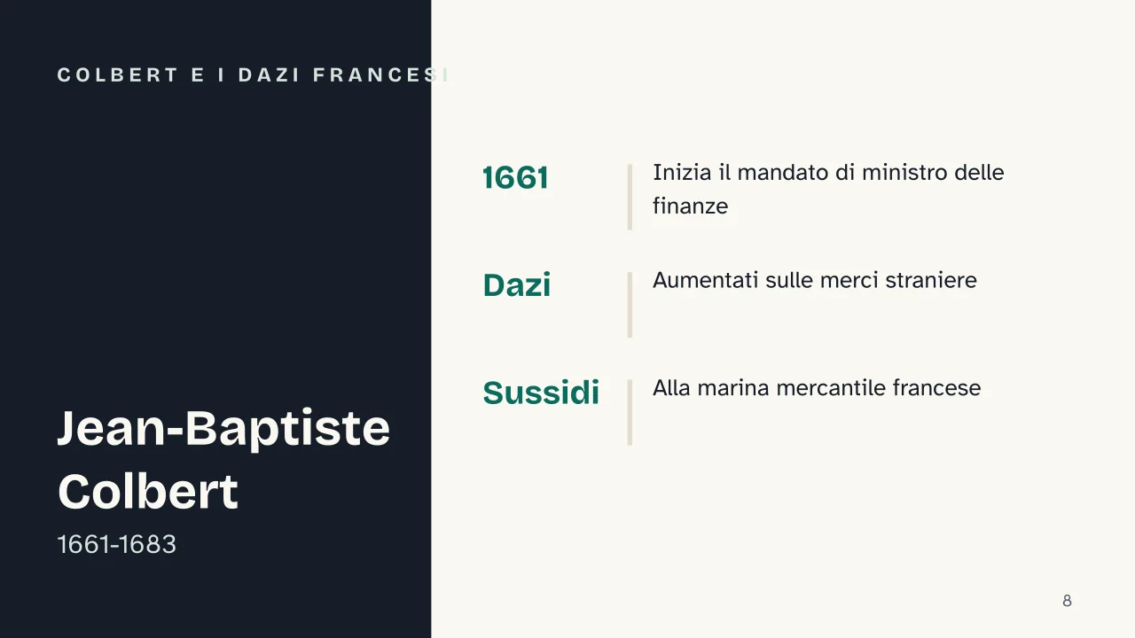 Slide 8 della presentazione su Mercantilismo: Colbert e i dazi francesi