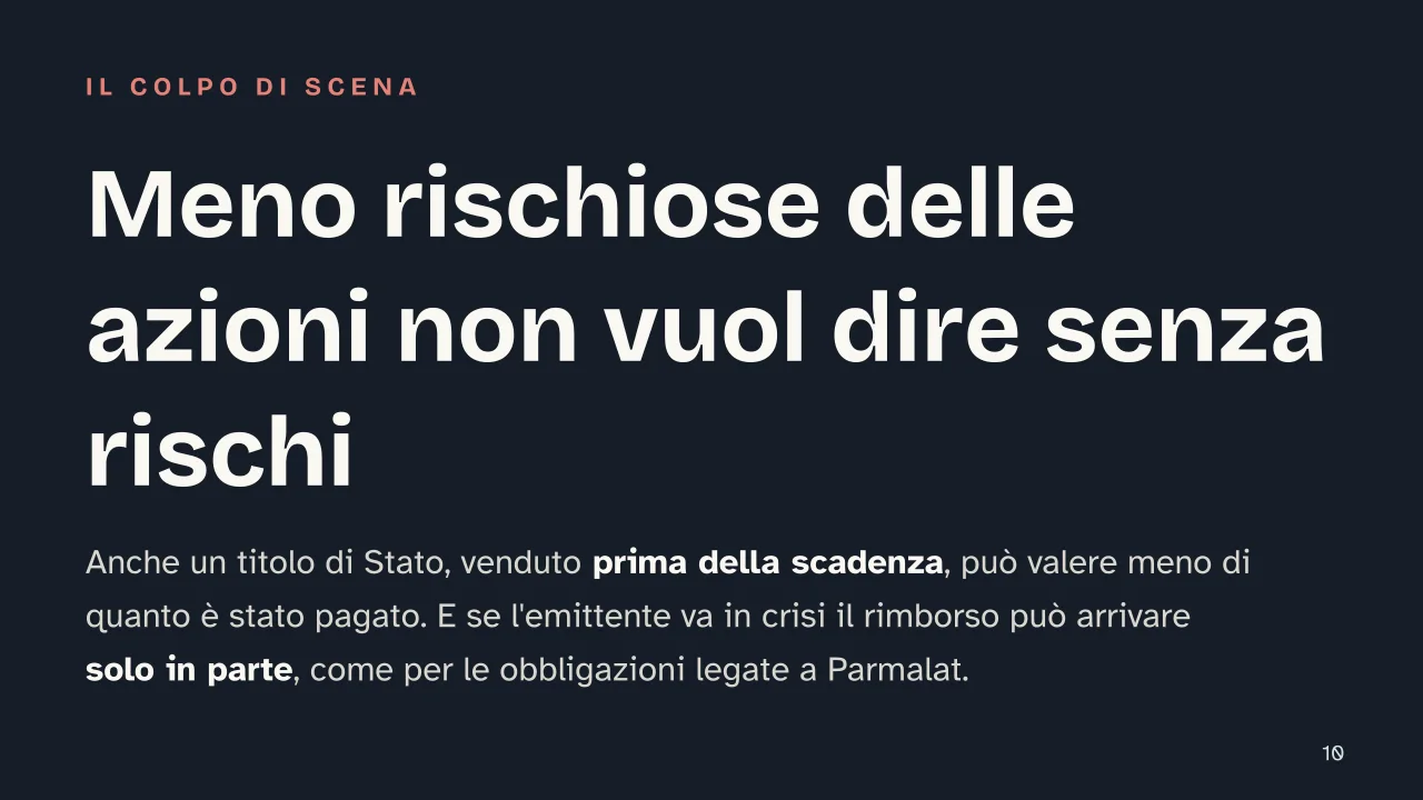 Slide 10 della presentazione su Obbligazioni: Meno rischiose delle azioni non vuol dire senza rischi