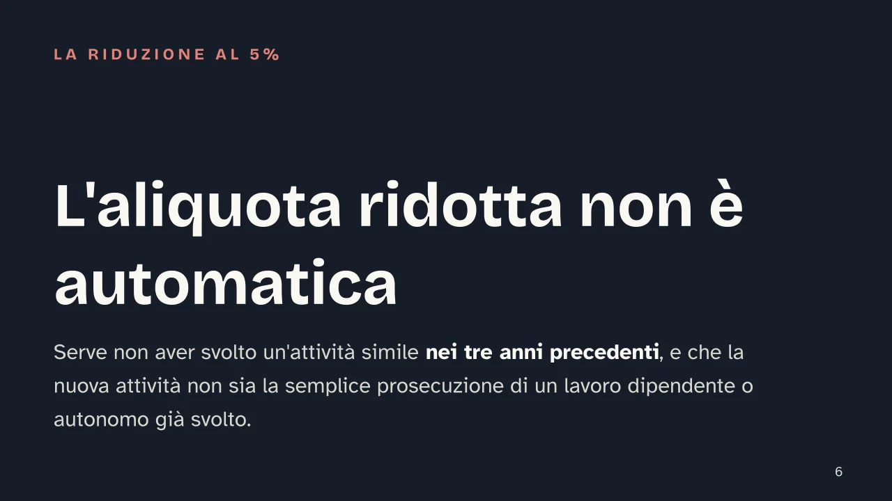 Slide 6 della presentazione su Partita IVA forfettaria: L'aliquota ridotta non è automatica