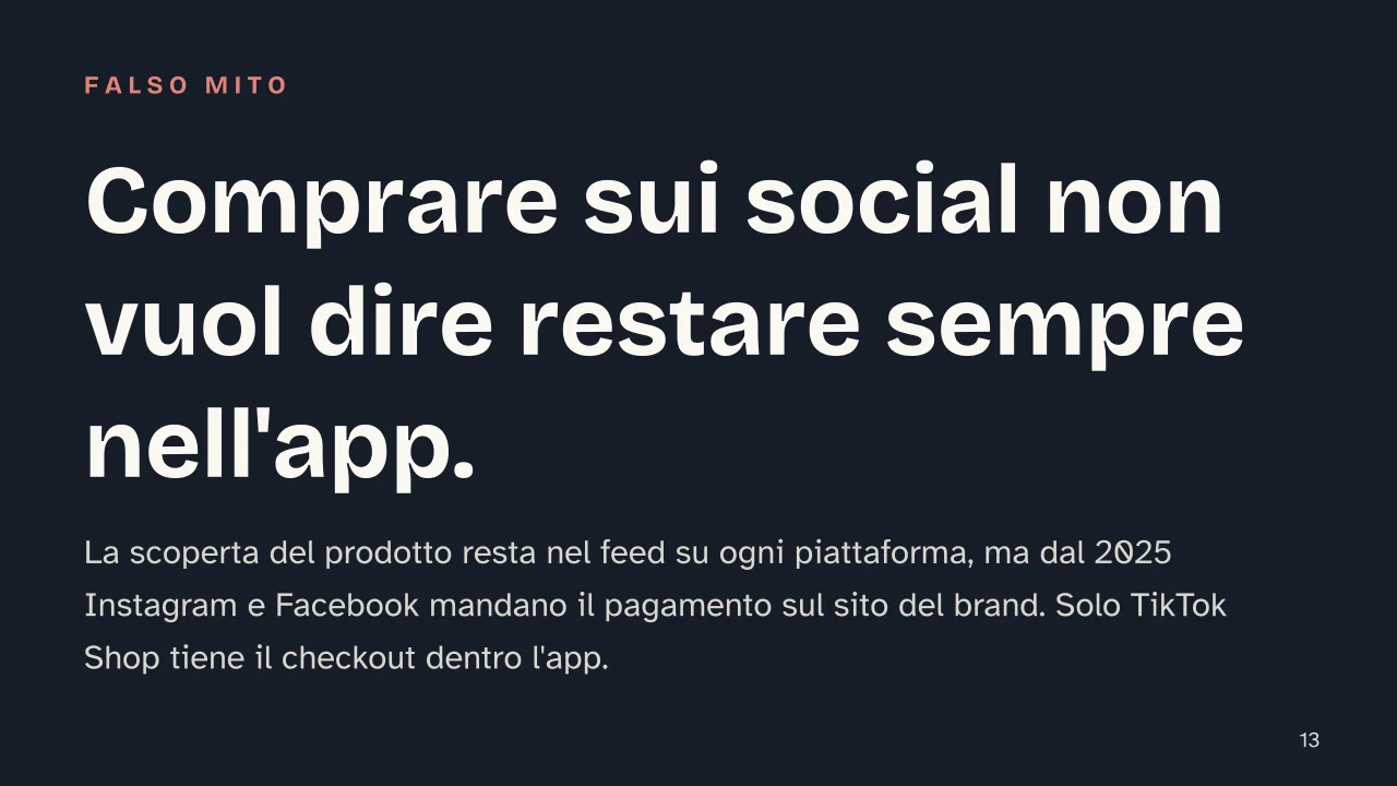 Slide 13 della presentazione su Social commerce: Comprare sui social non vuol dire restare sempre nell'app.