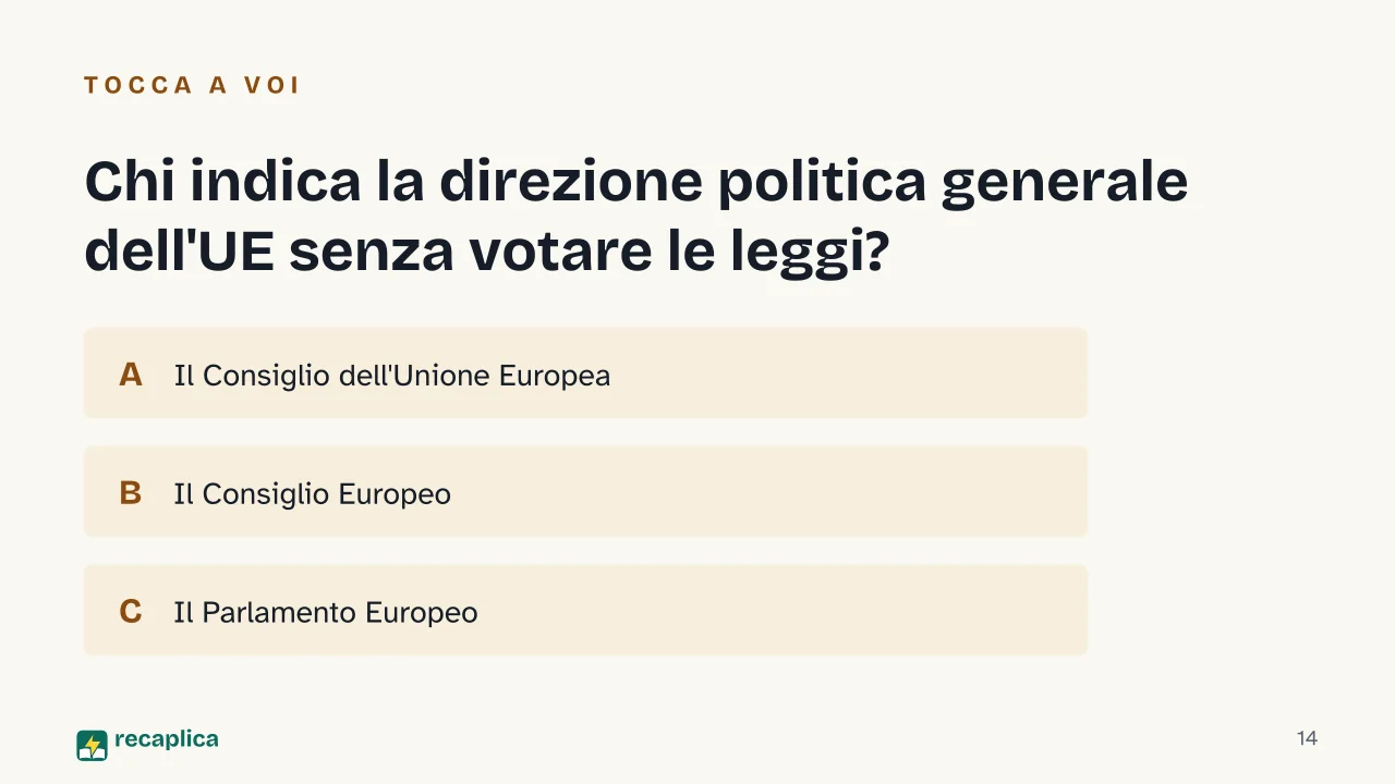 Slide 14 della presentazione su Unione Europea: Chi indica la direzione politica generale dell'UE senza votare le leggi?