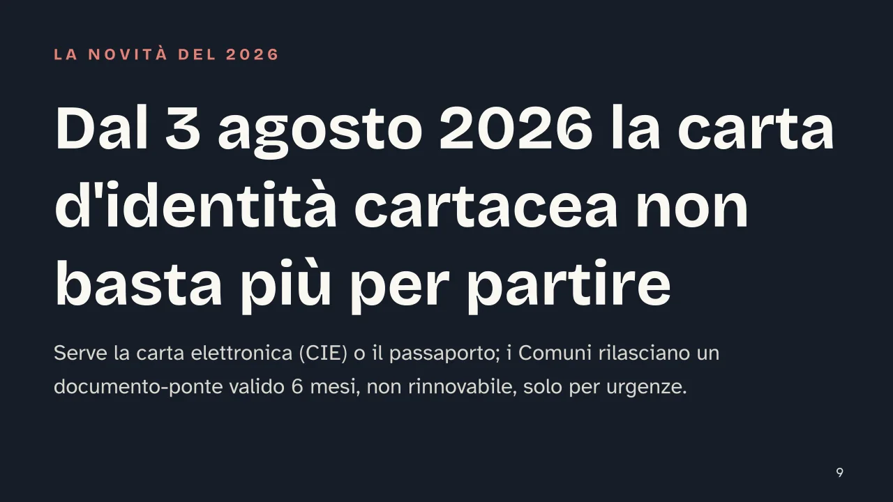 Slide 9 della presentazione su Quali documenti servono per entrare in un paese straniero: Dal 3 agosto 2026 la carta d'identità cartacea non basta più per partire