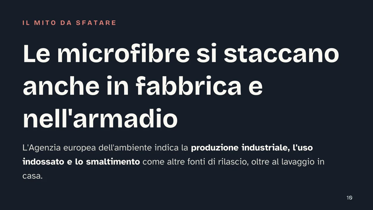 Slide 10 della presentazione su Fast fashion: Le microfibre si staccano anche in fabbrica e nell'armadio