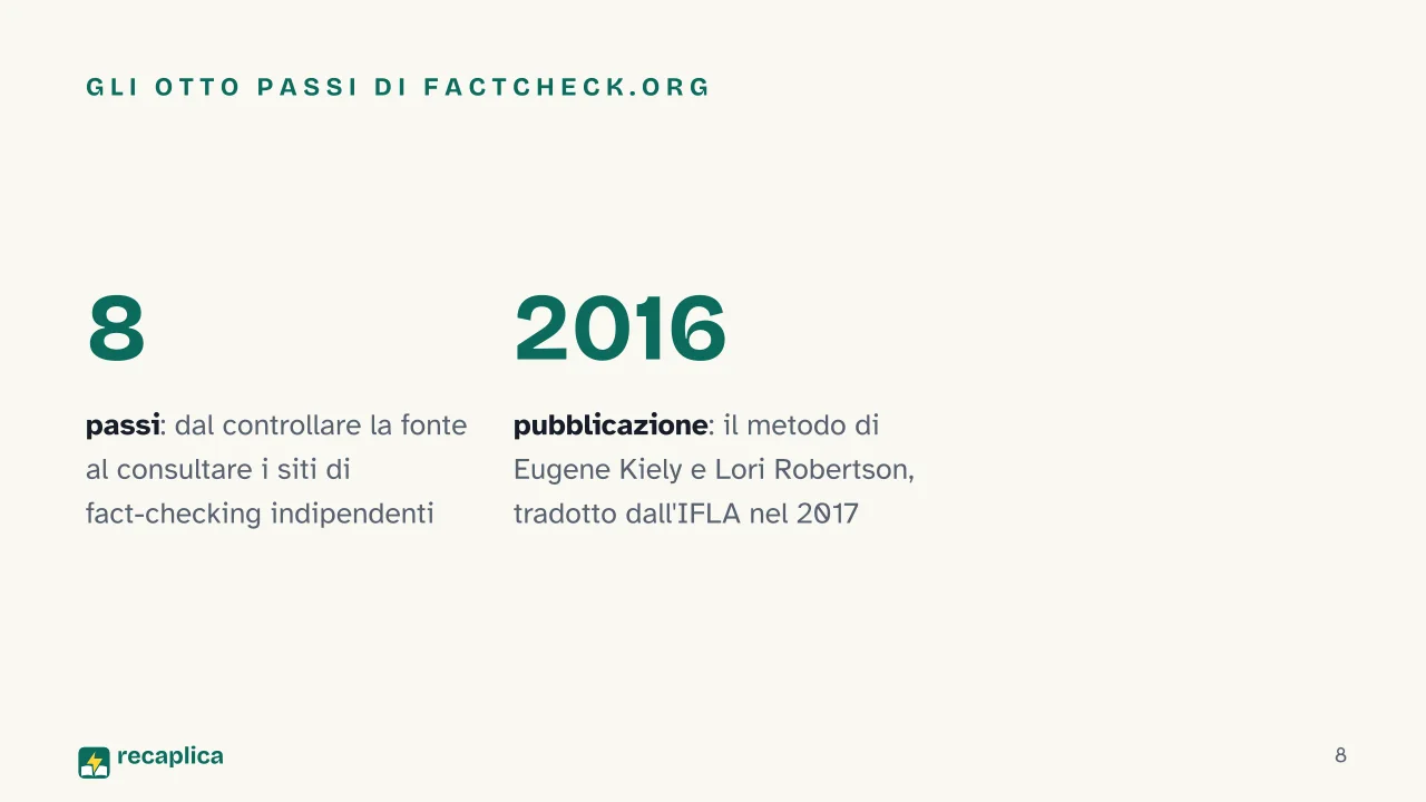 Slide 8 della presentazione su Media literacy: Gli otto passi di FactCheck.org