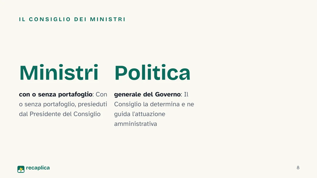 Slide 8 della presentazione su Organi costituzionali: Il Consiglio dei ministri