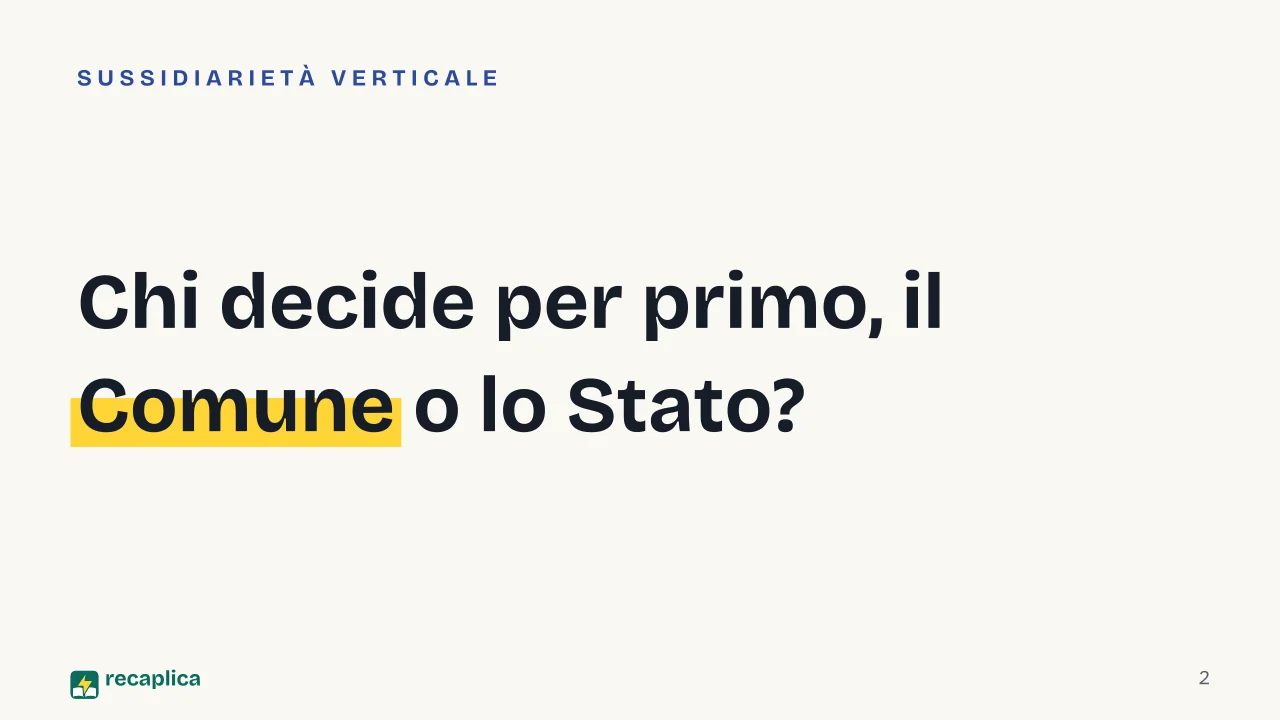 Slide 2 della presentazione su Principio di sussidiarietà: Chi decide per primo, il Comune o lo Stato?