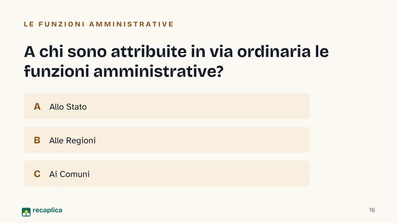 Slide 16 della presentazione su Principio di sussidiarietà: A chi sono attribuite in via ordinaria le funzioni amministrative?