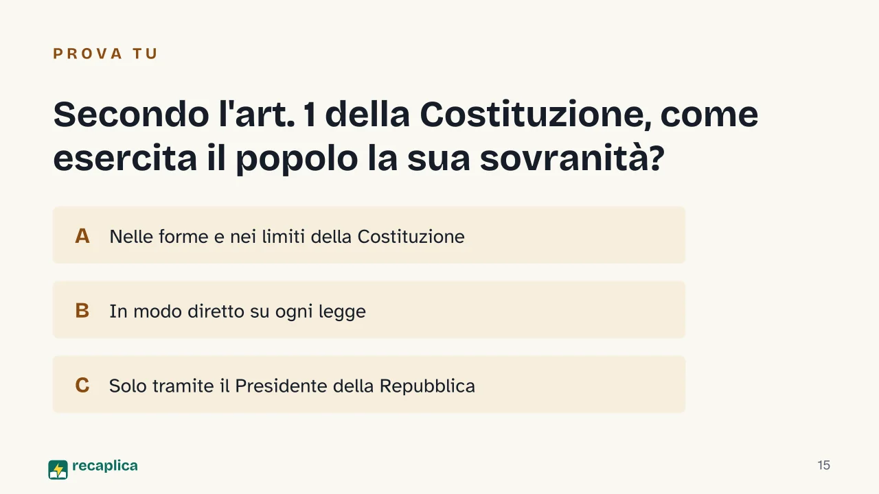 Slide 15 della presentazione su Sovranità popolare e cittadinanza: Secondo l'art. 1 della Costituzione, come esercita il popolo la sua sovranità?