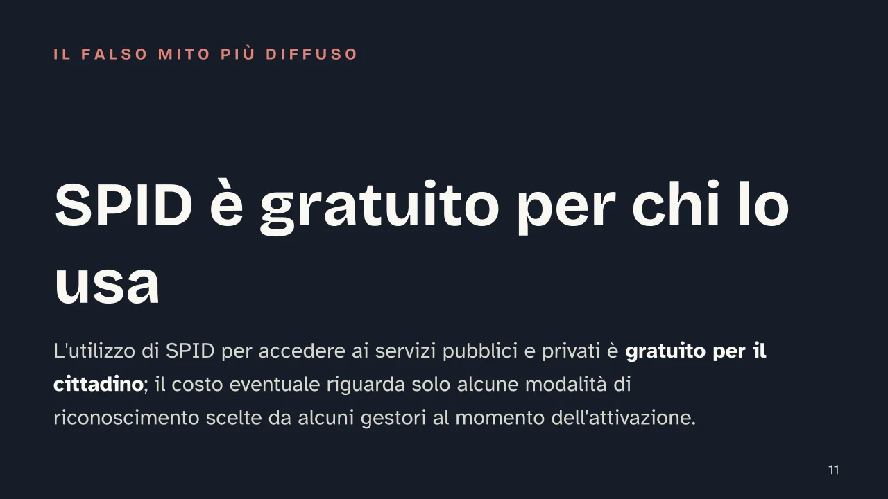 Slide 11 della presentazione su SPID: SPID è gratuito per chi lo usa