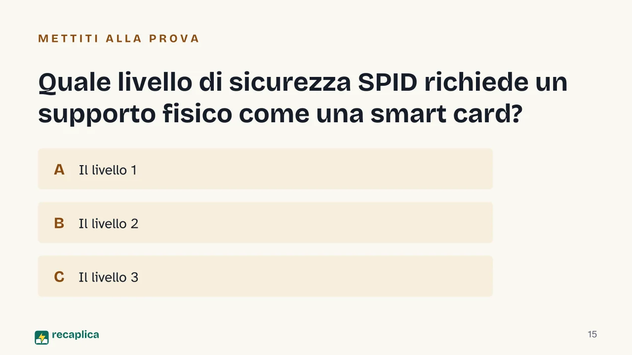 Slide 15 della presentazione su SPID: Quale livello di sicurezza SPID richiede un supporto fisico come una smart card?