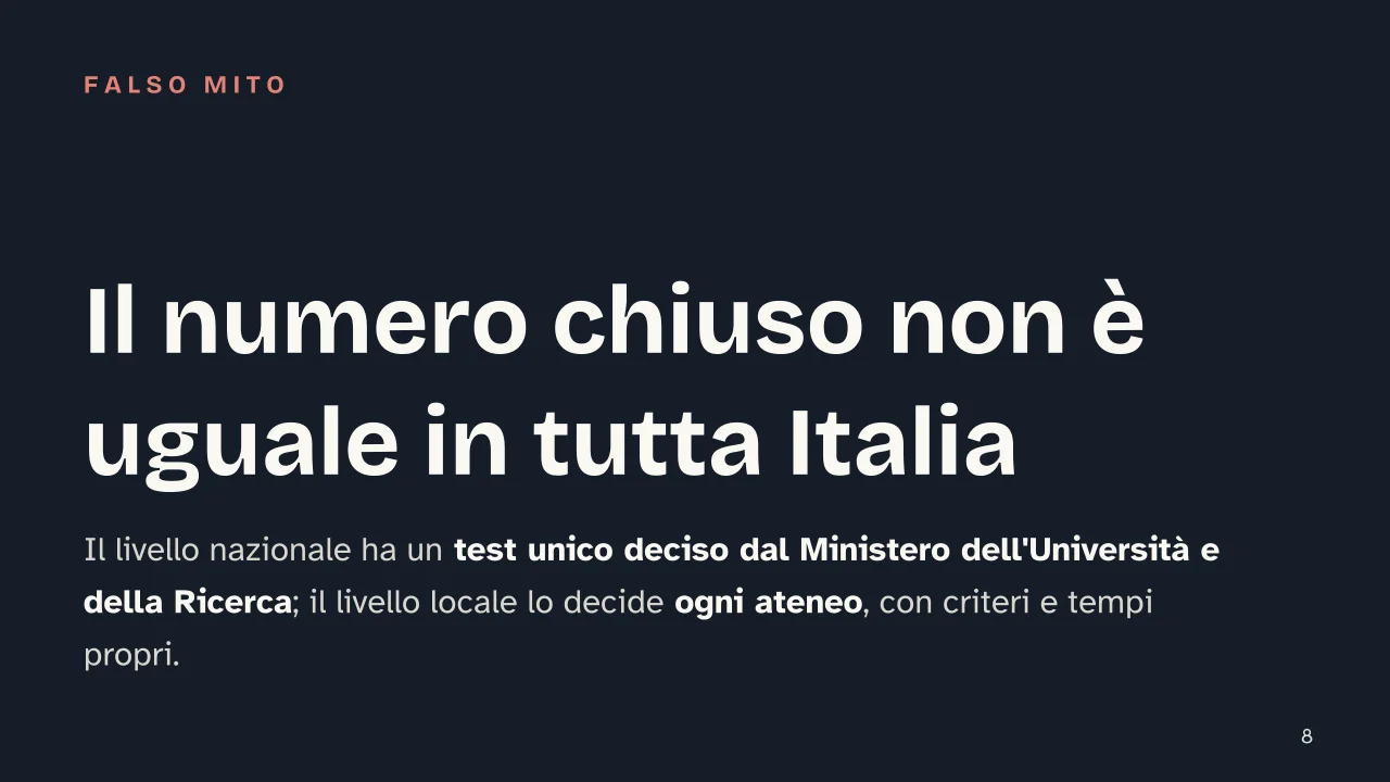 Slide 8 della presentazione su Test ingresso università: Il numero chiuso non è uguale in tutta Italia