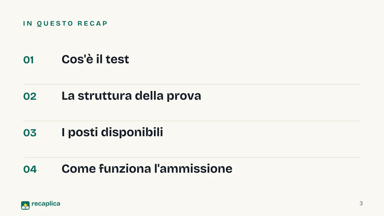 Slide 3 della presentazione su Test scienze della formazione primaria: In questo Recap