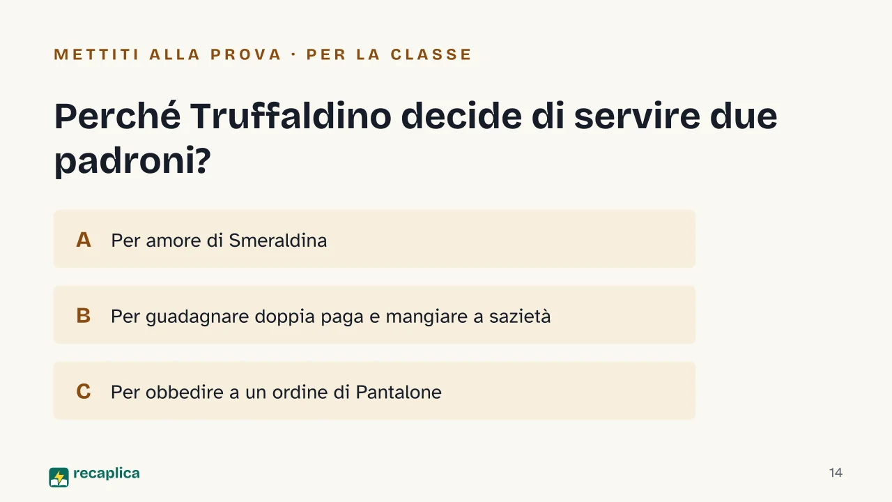 Slide 14 della presentazione su Arlecchino servitore di due padroni: Perché Truffaldino decide di servire due padroni?