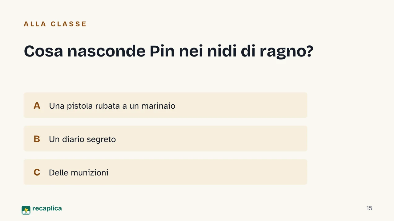 Slide 15 della presentazione su Il sentiero dei nidi di ragno di Calvino: Cosa nasconde Pin nei nidi di ragno?