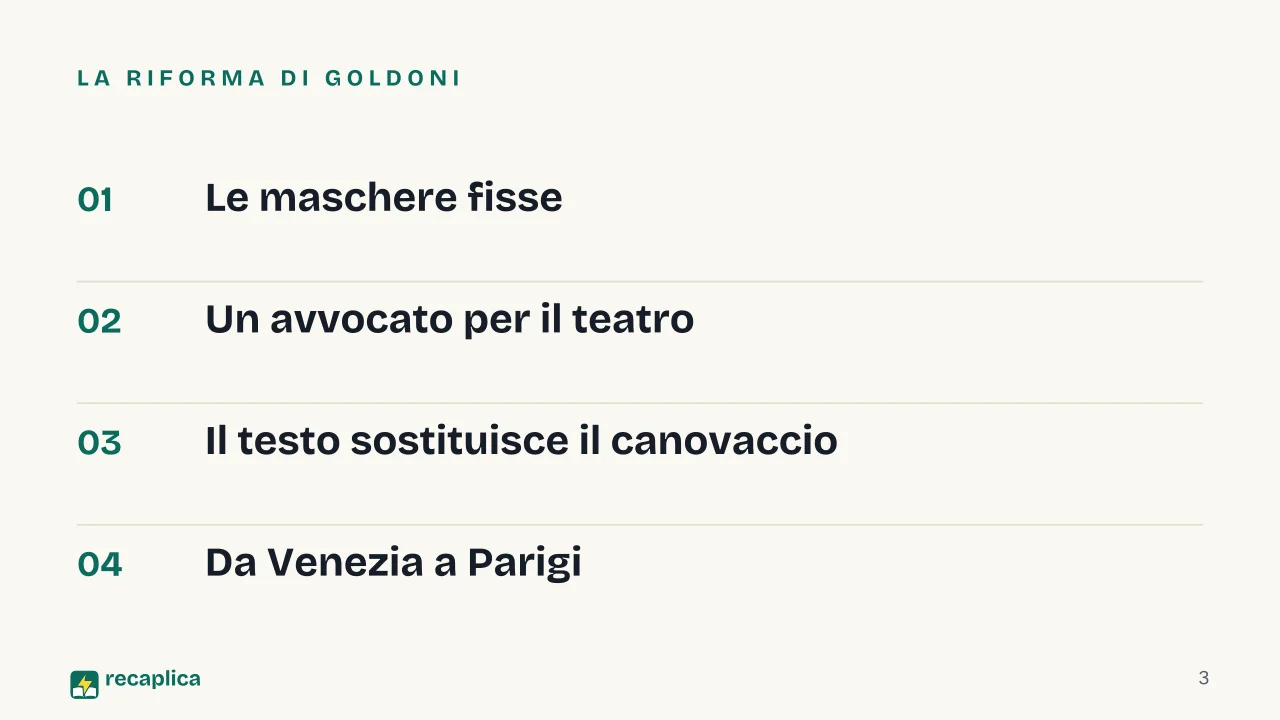 Slide 3 della presentazione su Carlo Goldoni e la riforma della commedia: La riforma di Goldoni