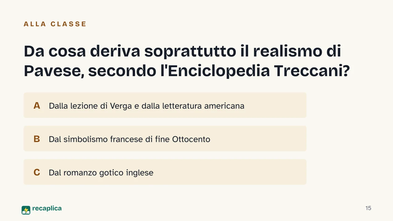 Slide 15 della presentazione su Cesare Pavese: Da cosa deriva soprattutto il realismo di Pavese, secondo l'Enciclopedia Treccani?