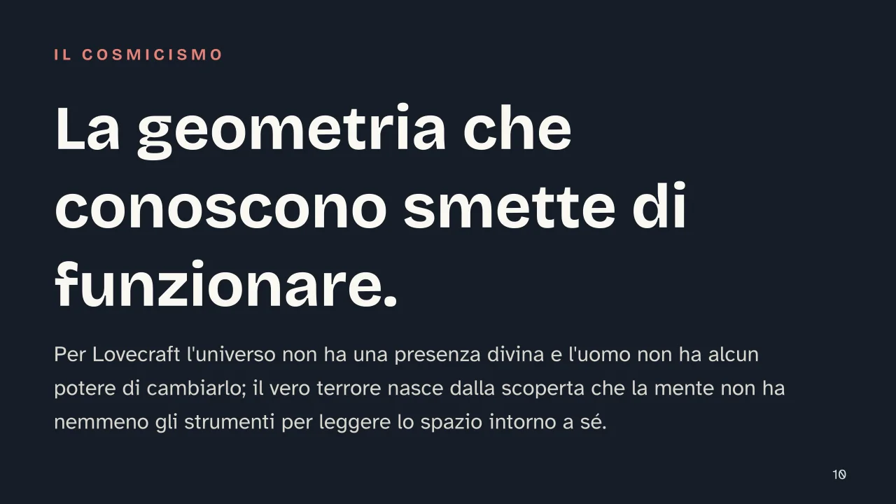 Slide 10 della presentazione su Geometria non euclidea di Lovecraft: La geometria che conoscono smette di funzionare.