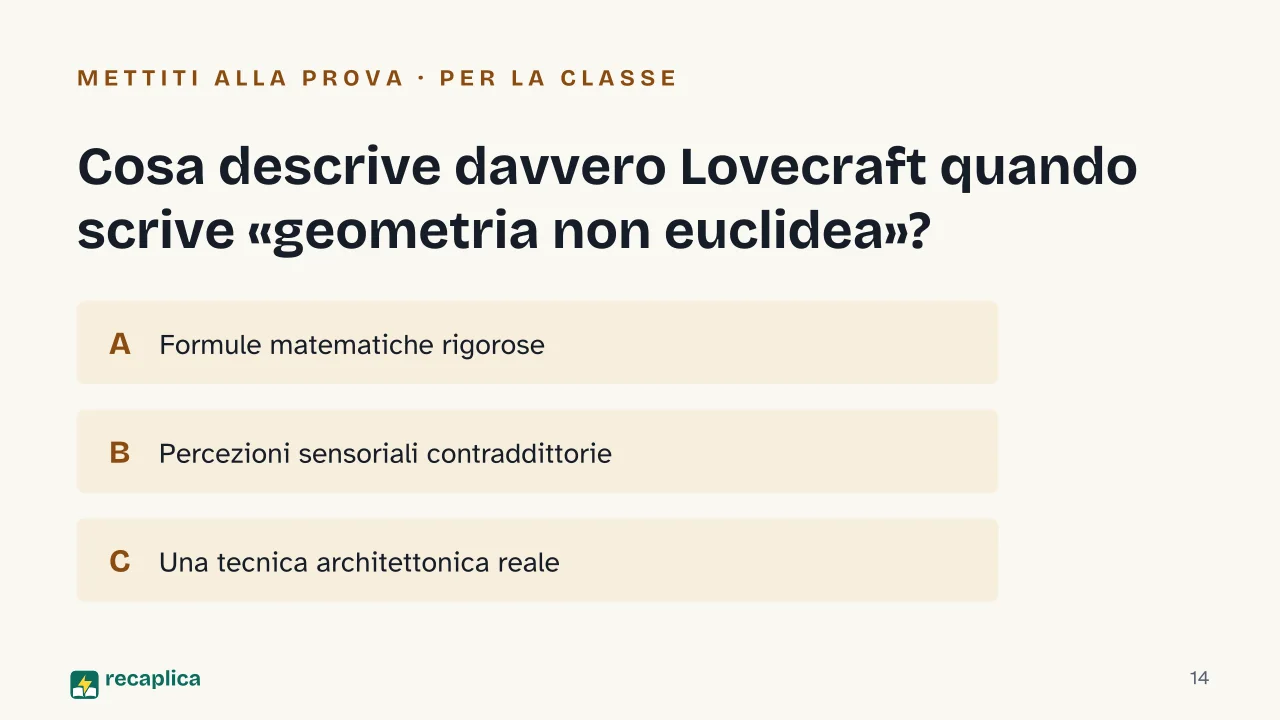 Slide 14 della presentazione su Geometria non euclidea di Lovecraft: Cosa descrive davvero Lovecraft quando scrive «geometria non euclidea»?