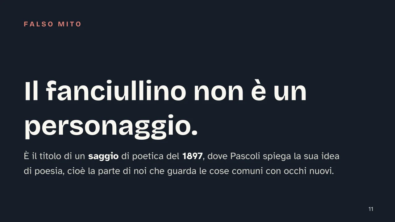 Slide 11 della presentazione su Giovanni Pascoli: Il fanciullino non è un personaggio.