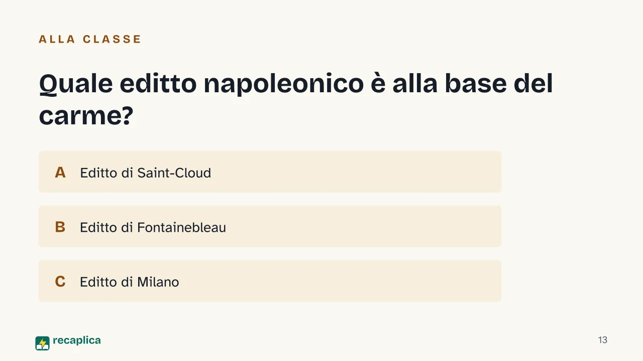Slide 13 della presentazione su I Sepolcri di Ugo Foscolo: Quale editto napoleonico è alla base del carme?