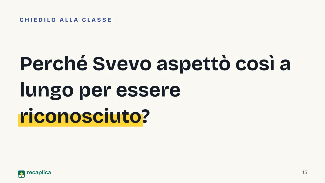 Slide 15 della presentazione su Italo Svevo: Perché Svevo aspettò così a lungo per essere riconosciuto?