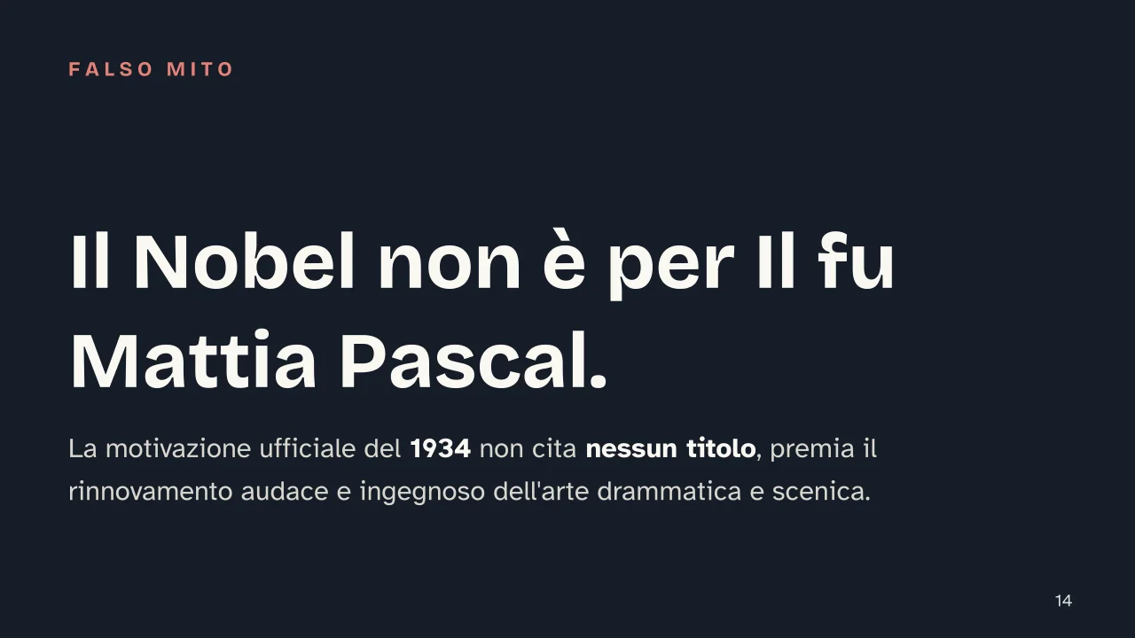Slide 14 della presentazione su Luigi Pirandello: Il Nobel non è per Il fu Mattia Pascal.