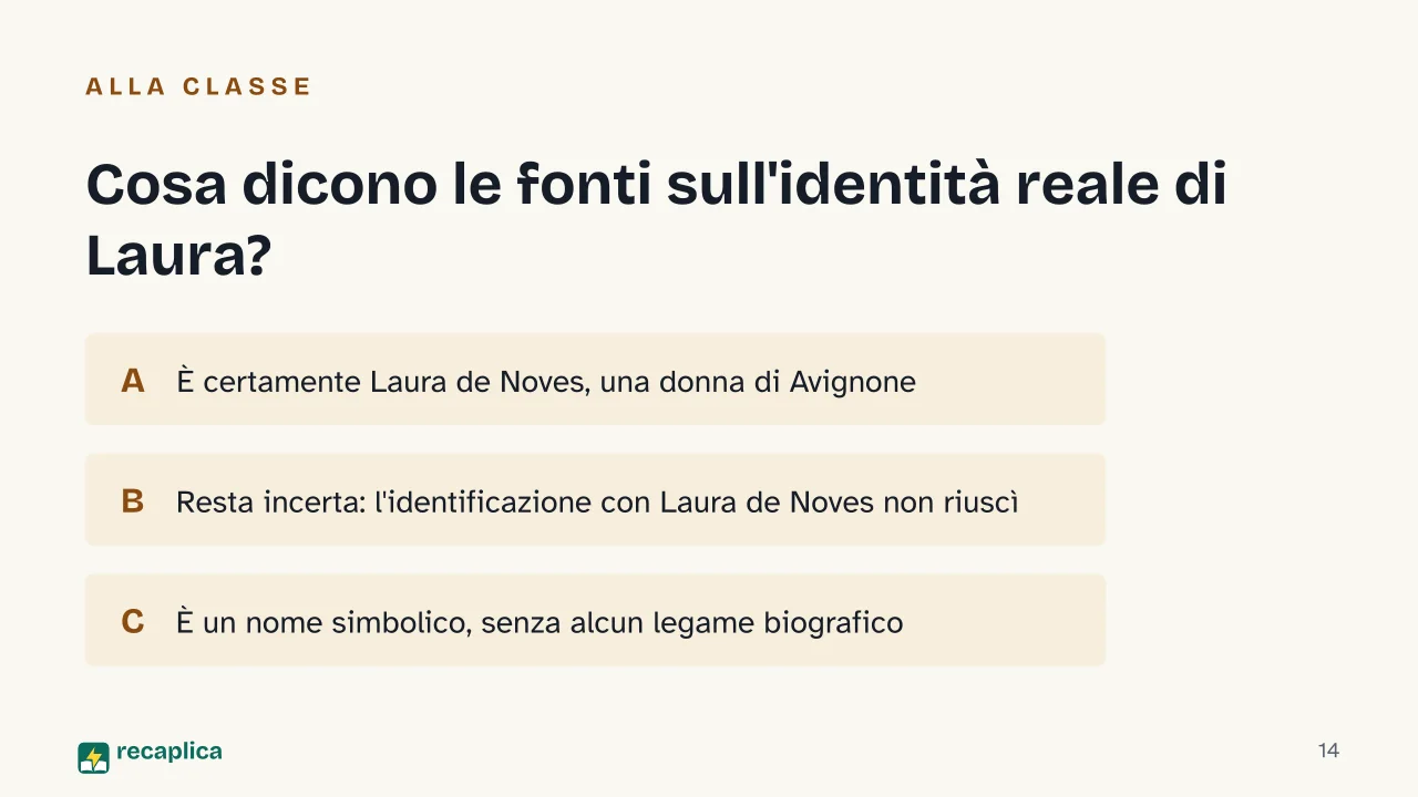 Slide 14 della presentazione su Petrarca e il Canzoniere: Cosa dicono le fonti sull'identità reale di Laura?