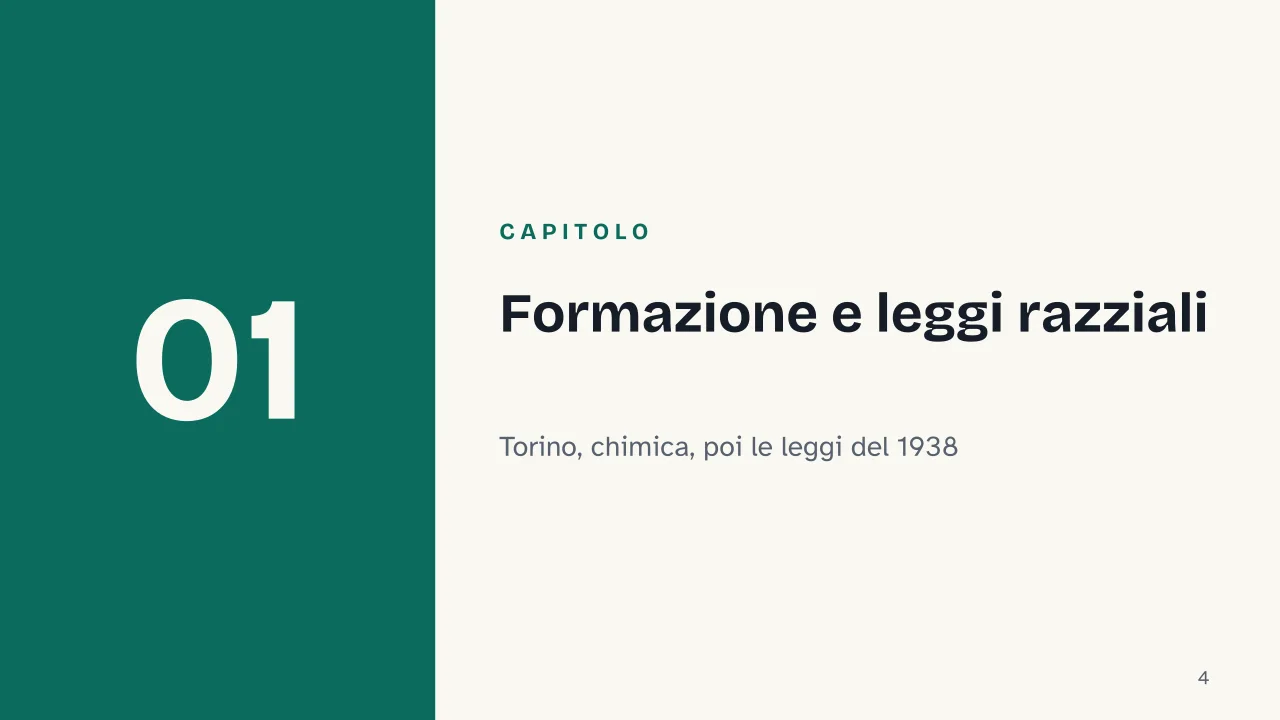 Slide 4 della presentazione su Primo Levi, la biografia, le opere e la testimonianza di Auschwitz: Capitolo 01: Formazione e leggi razziali