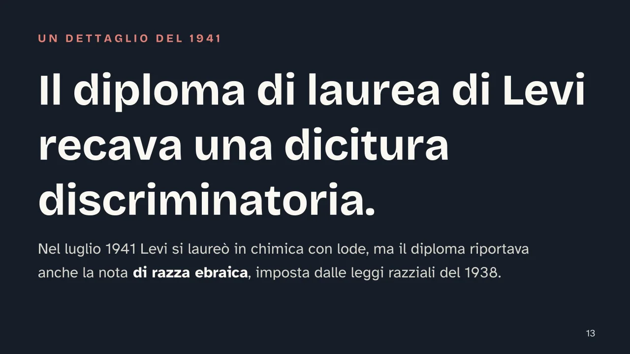 Slide 13 della presentazione su Primo Levi, la biografia, le opere e la testimonianza di Auschwitz: Il diploma di laurea di Levi recava una dicitura discriminatoria.