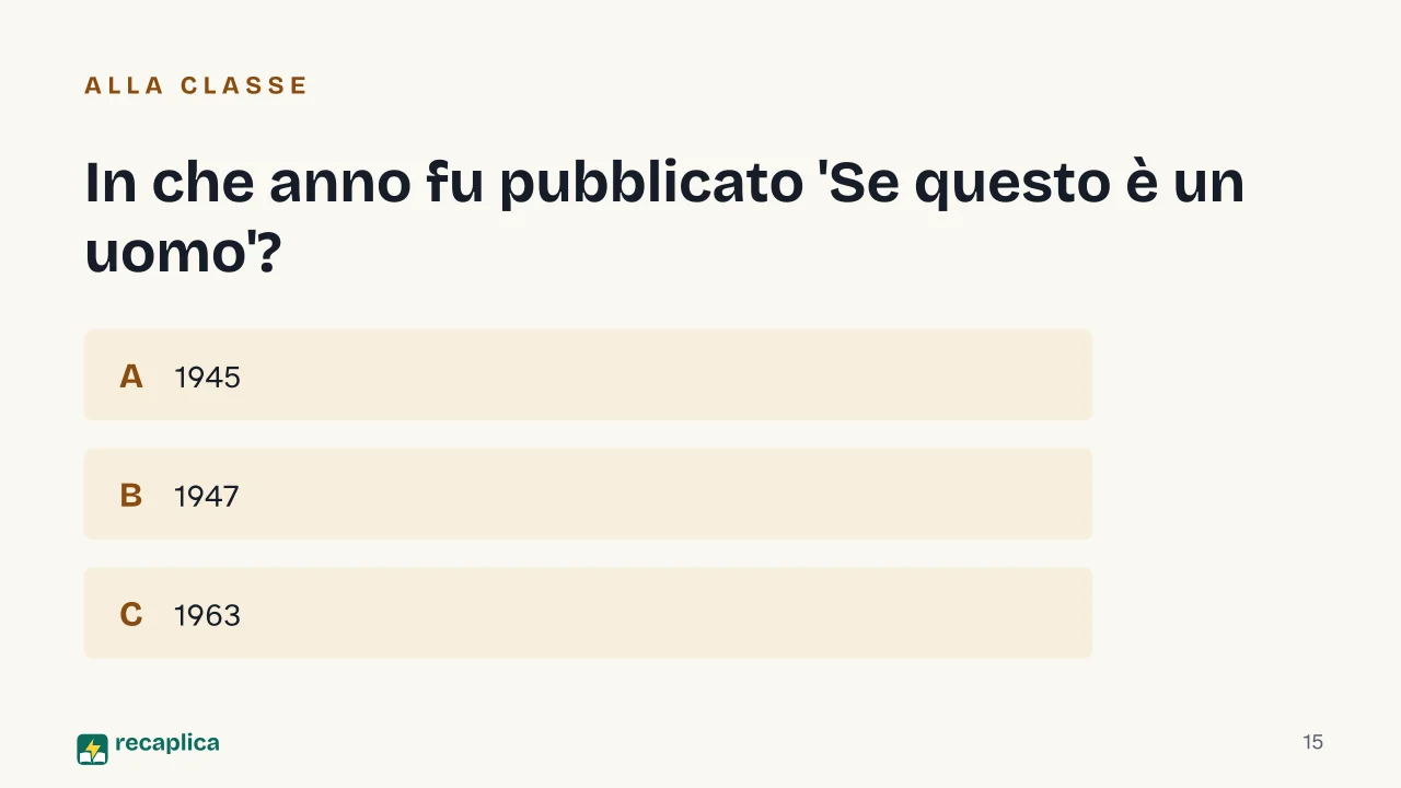 Slide 15 della presentazione su Primo Levi, la biografia, le opere e la testimonianza di Auschwitz: In che anno fu pubblicato 'Se questo è un uomo'?