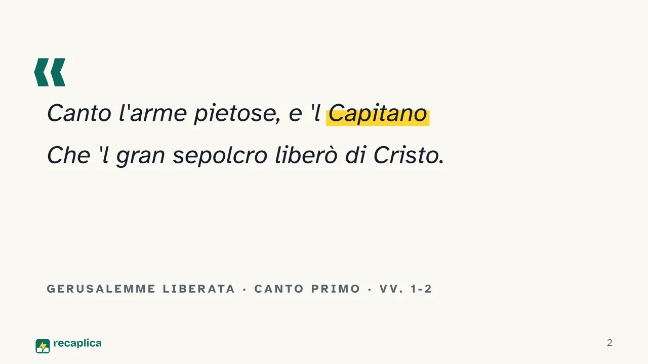 Slide 2 della presentazione su Torquato Tasso: Gerusalemme Liberata · Canto primo · vv. 1-2