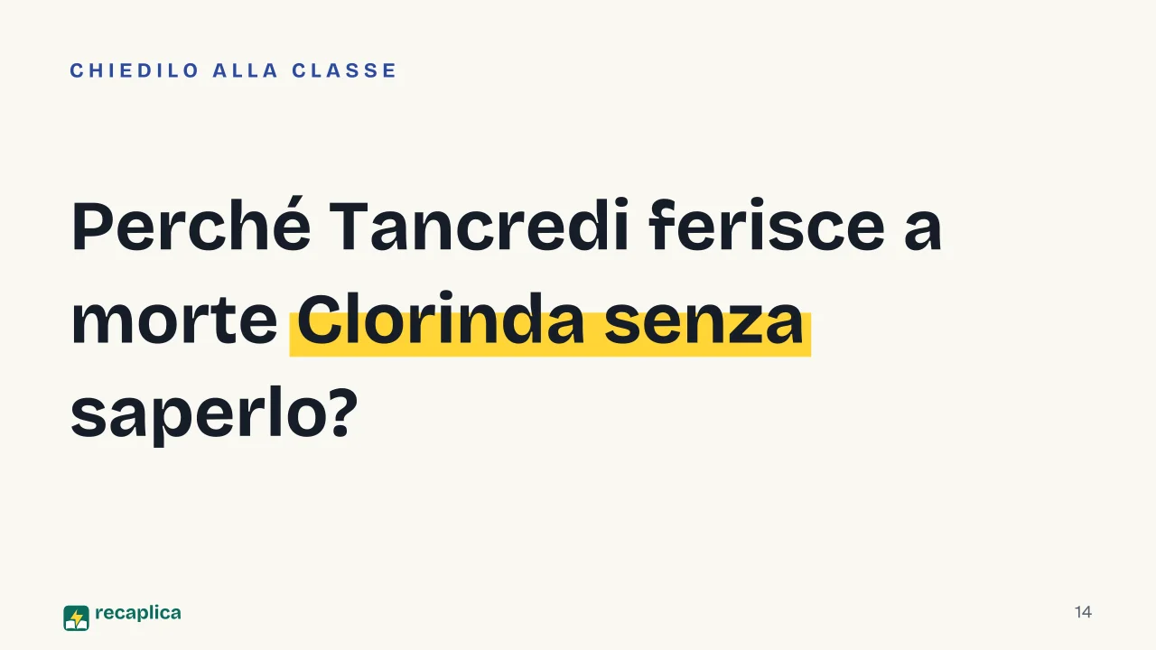 Slide 14 della presentazione su Torquato Tasso: Perché Tancredi ferisce a morte Clorinda senza saperlo?
