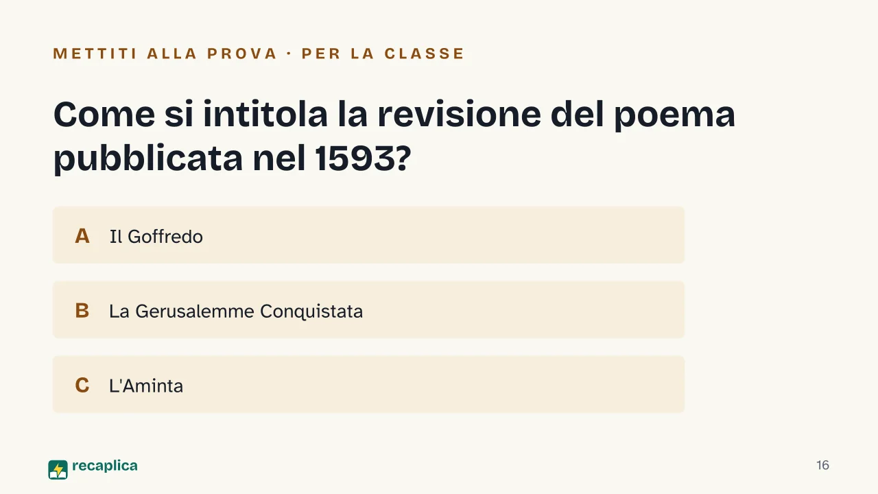 Slide 16 della presentazione su Torquato Tasso: Come si intitola la revisione del poema pubblicata nel 1593?