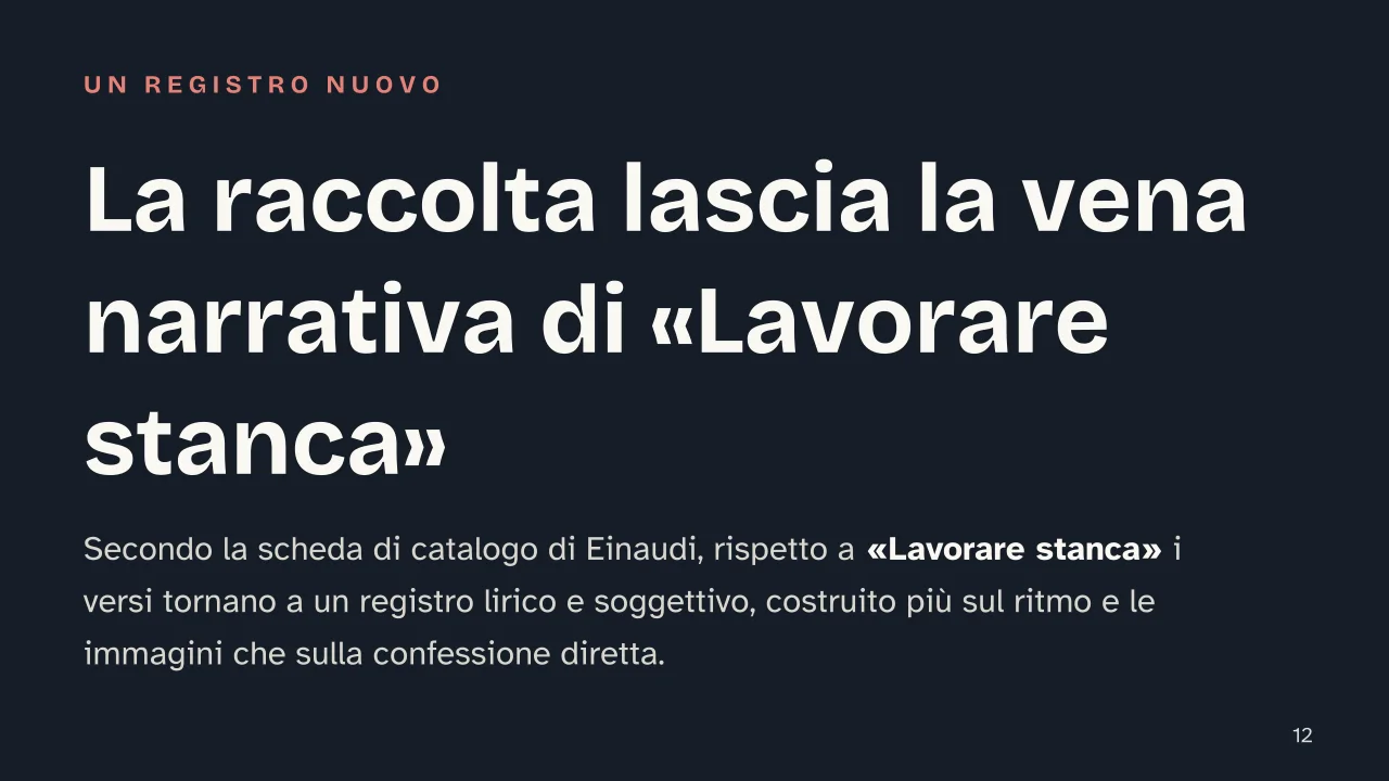 Slide 12 della presentazione su Verrà la morte e avrà i tuoi occhi: La raccolta lascia la vena narrativa di «Lavorare stanca»