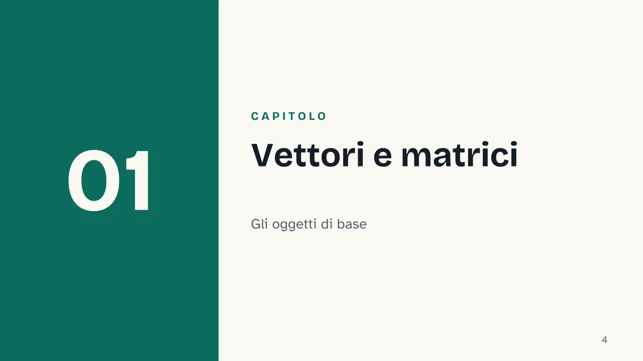 Slide 4 della presentazione su Algebra lineare: Capitolo 01: Vettori e matrici