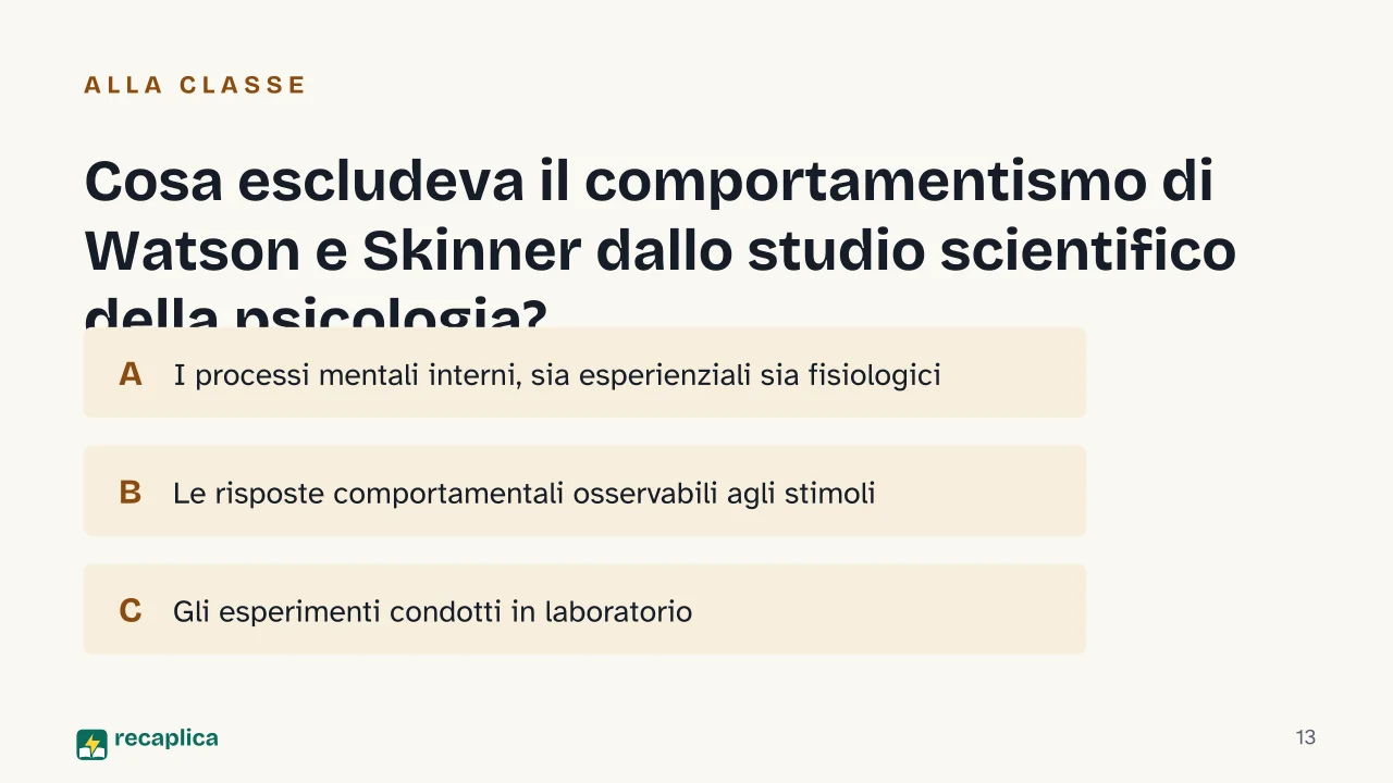 Slide 13 della presentazione su Cognitivismo: Cosa escludeva il comportamentismo di Watson e Skinner dallo studio scientifico della psicologia?