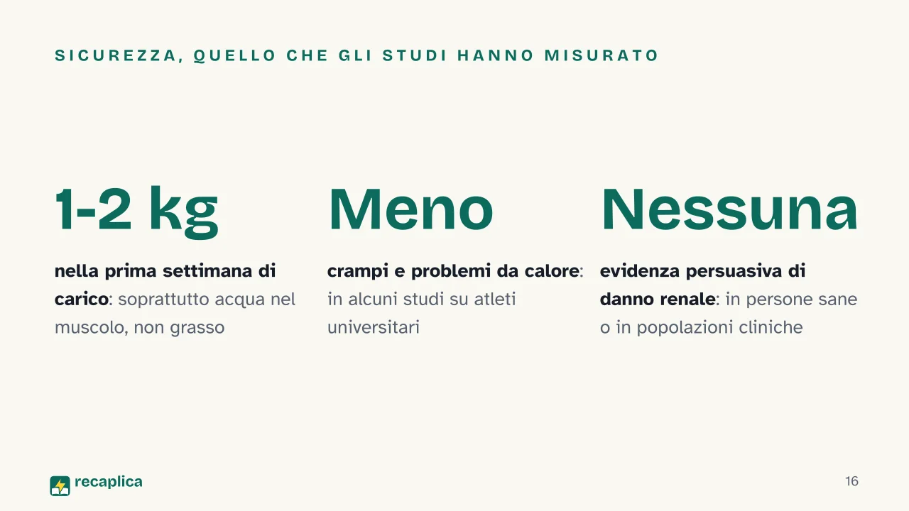 Slide 16 della presentazione su Creatina: Sicurezza, quello che gli studi hanno misurato