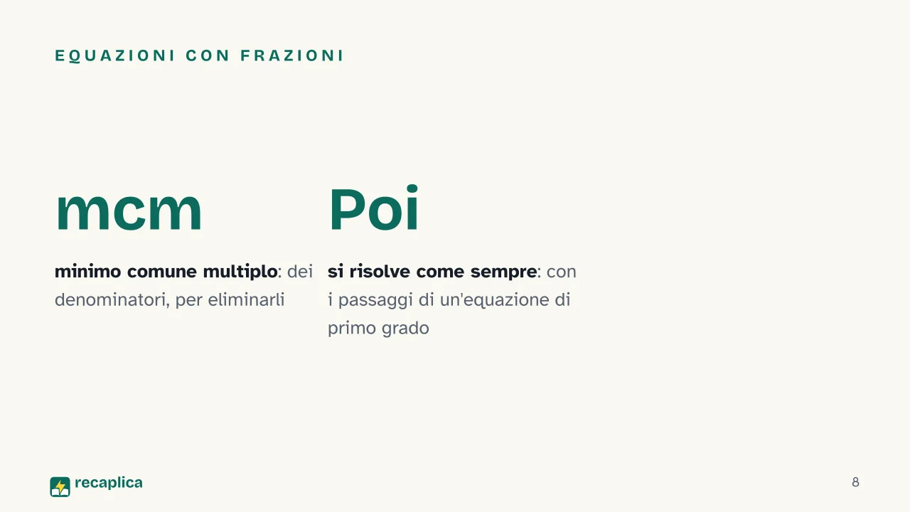 Slide 8 della presentazione su Equazioni: Equazioni con frazioni