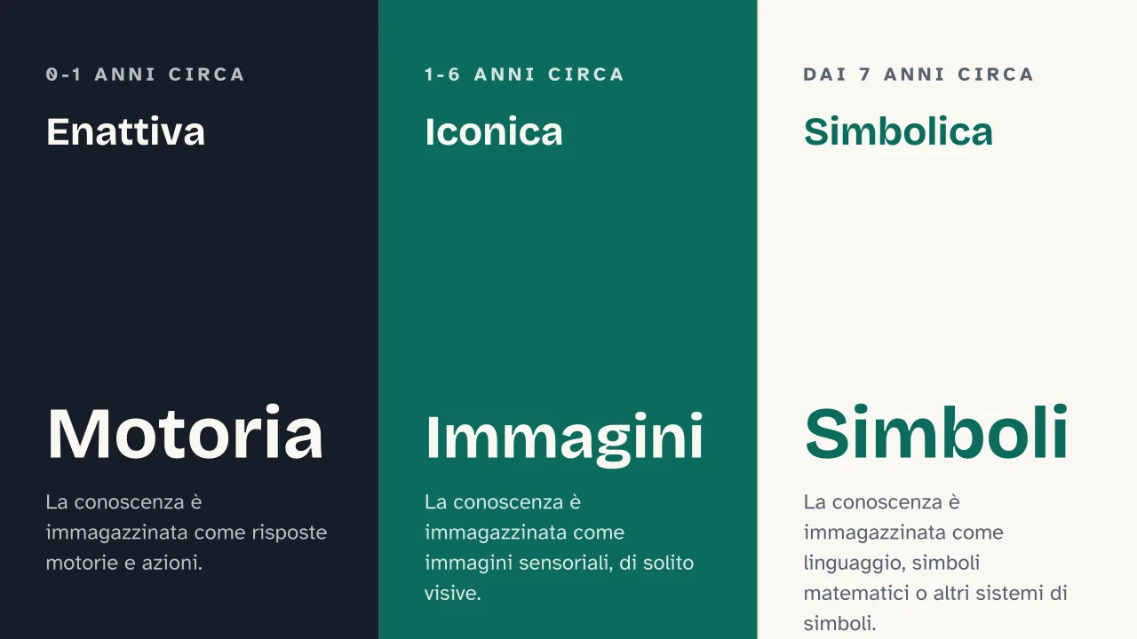 Slide 5 della presentazione su Jerome Bruner: Enattiva · Iconica · Simbolica