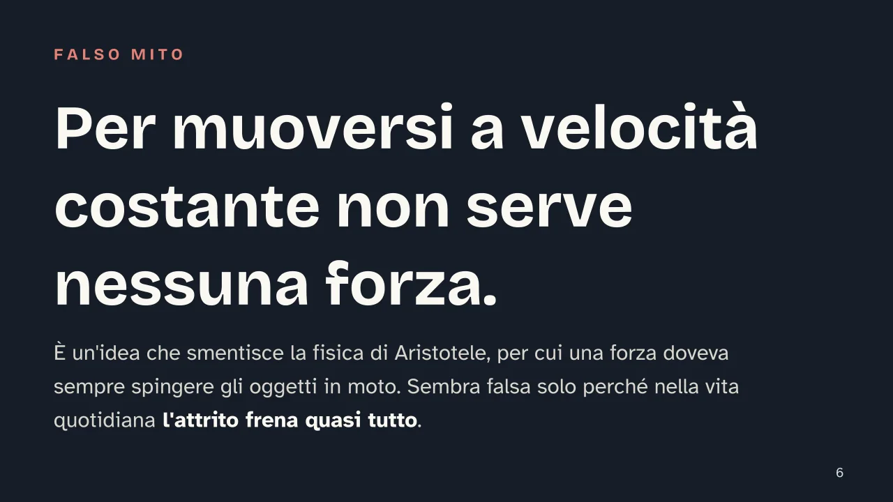 Slide 6 della presentazione su Le tre leggi di Newton: Per muoversi a velocità costante non serve nessuna forza.