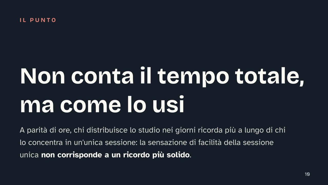 Slide 10 della presentazione su Metodo di studio efficace: Non conta il tempo totale, ma come lo usi