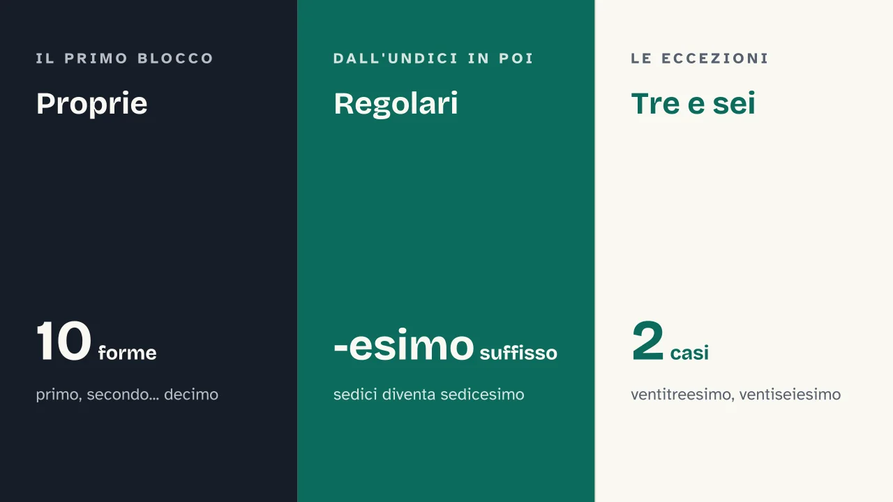Slide 7 della presentazione su Numeri ordinali e cardinali: Proprie · Regolari · Tre e sei