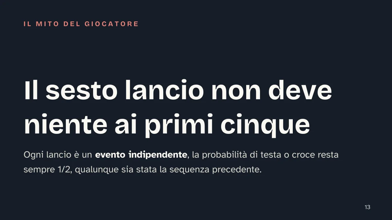 Slide 13 della presentazione su Probabilità e statistica: Il sesto lancio non deve niente ai primi cinque