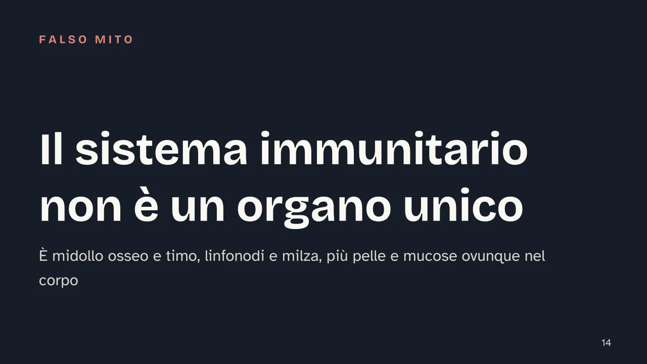 Slide 14 della presentazione su Sistema immunitario, come funziona: Il sistema immunitario non è un organo unico