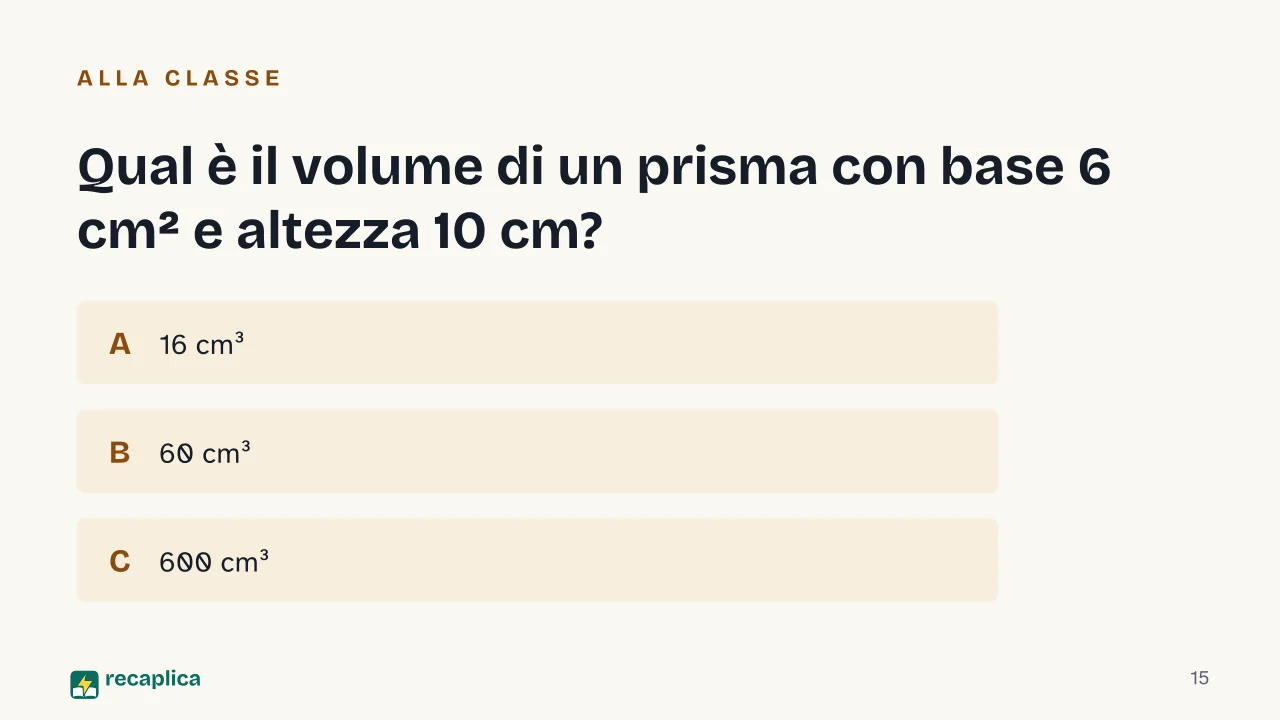 Slide 15 della presentazione su Volume del prisma: Qual è il volume di un prisma con base 6 cm² e altezza 10 cm?