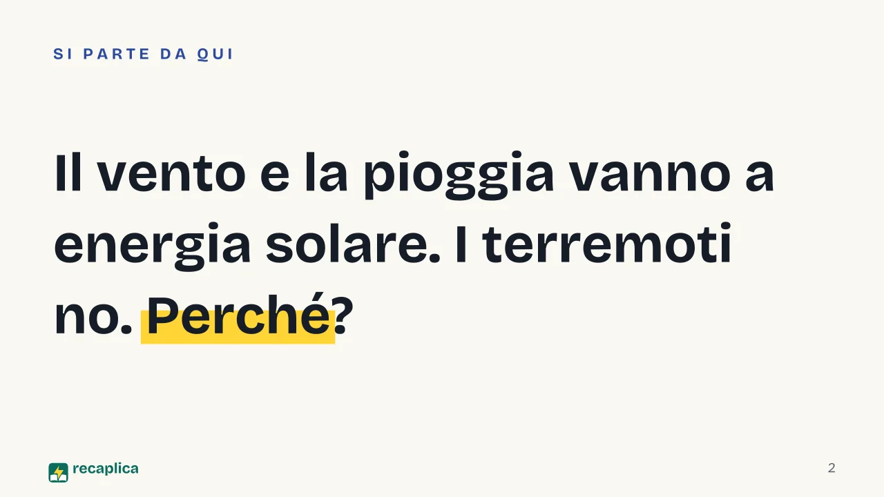 Slide 2 della presentazione su Vulcani e terremoti: Il vento e la pioggia vanno a energia solare. I terremoti no. Perché?